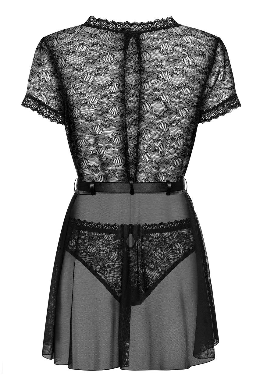 Халат женский черный короткий полупрозрачный с кружевом трусики в комплекте Obsessive Swanita S/M