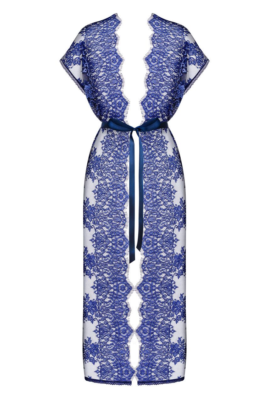 Халат женский длинный кружевной синий полупрозрачный Obsessive Flowlace L/XL