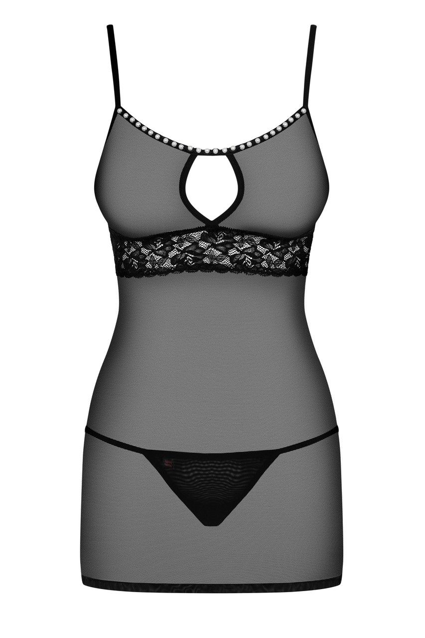 Облегающая прозрачная ночная сорочка черная стринги в комплекте Obsessive 812 S/M