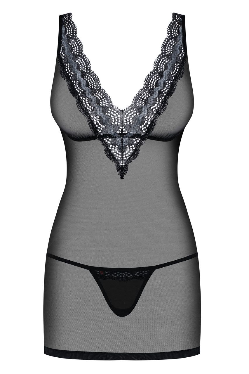 Ночная сорочка прозрачная черная стринги в комплекте Obsessive 869 S/M