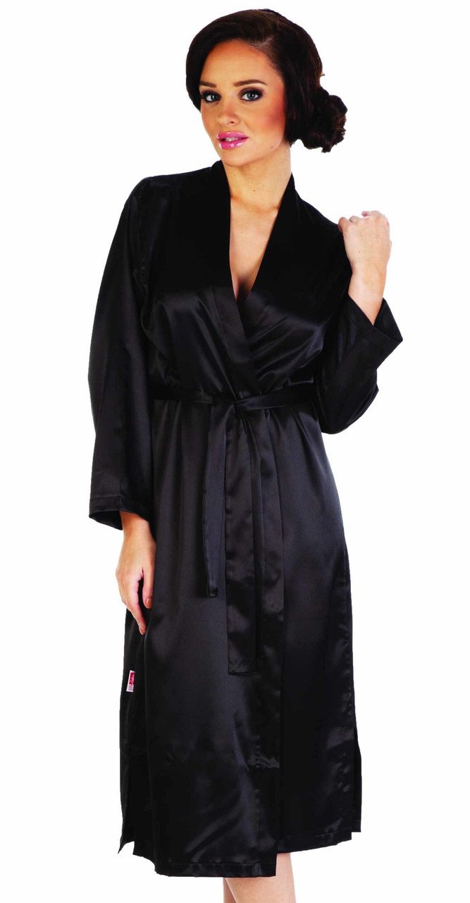 Халат жіночий атласний довгий з поясом чорний Delafense 798 L